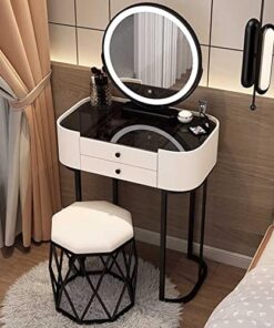 Genérico Tocador con Espejo abatible y Taburete con Ruedas, Luces LED integradas, Moderno Escritorio con Luces LED y Control táctil Inteligente, 3 Opciones de Color de luz, Hierro Pintado.