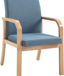 Sillas de comedor tapizadas modernas de mediados de siglo con brazos, silla auxiliar de cocina de tela para ocio, sala de estar, comedor, patas de madera, sillones decorativos (azul)