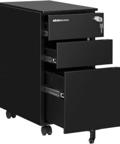 Cajonera de 3 cajones de Acero con Llave, para Oficina, Estudio, Dormitorio, archivador con Ruedas, Armario con Cerradura y Barra para archivador y Ruedas, Color Negro