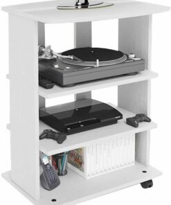 BAKAJI Mueble de TV de Madera MDF con 3 estantes para Consolas Videojuegos DVD y 4 Ruedas, Mueble para televisión, diseño Moderno, tamaño 60 x 45 x 80,5 cm (Blanco)