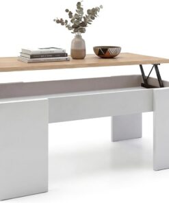 duehome | Mesa de Centro Elevable, Mesita de Salón o Comedor, Modelo Vita, Acabado en Color Blanco Artik y Roble Canadian, Medidas: 100 cm (Largo) x 50 cm (Ancho) x 45-53 cm (Alto)