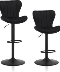 TUKAILAI Juego de 2 Taburetes de Bar de Terciopelo, Altura Regulable, Giratorio 360°, Taburete con Respaldo, Reposapiés, Marco de Metal, Moderno, Forma de Cuenco, Taburete de Cocina, Negro