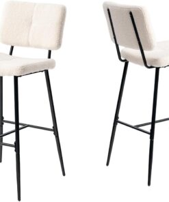 MEUBLE Cosy Taburetes de Bar Juego de 2, Sillas de Cocina en Tela de Bucle con Respaldo y Reposapiés, Asiento Acolchado de 75 cm de Alto, Patas de Acero, Beige