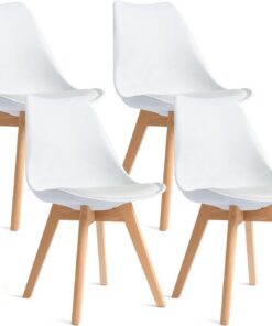 CangLong Juego de 4 Sillas de Comedor con Patas de Madera Maciza de Haya, Sillas Tapizadas de Diseño Retro Moderno de Mediados de Siglo Para Cocina, Comedor y Sala de Estar, Blanco