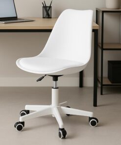 BAKAJI Silla de Oficina ergonómica de diseño Moderno con Altura Ajustable y cojín Acolchado de Alta Densidad, Asiento Giratorio con Ruedas giratorias, Ideal para casa, Estudio (Blanco)