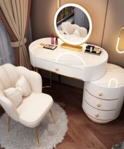Genérico Tocador con Espejo abatible y Taburete con Ruedas, Luces LED integradas, tocador LED Ajustable con Espejo de Pantalla táctil, Escritorio de Maquillaje de 3 Colores con 5 cajones en S