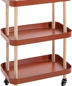 HAKU Mesa Auxiliar con Ruedas, Madera Maciza Natural y Metal Rojo Coral; Mesa de sofá con Ruedas - Dimensiones: An 50 x Al 76 x Pr 30 cm Estilo: Moderno