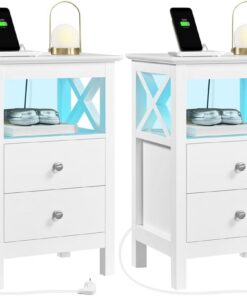 Yaheetech 2X Mesitas de Noche con Luces LED y Estación de Carga | 2 Tomas AC 2 Puertos USB Mesillas de Noche con 2 Cajones y Estante Mueble de Noche Blanca 40x30x60 cm