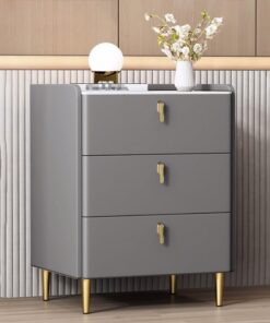 Mesitas de noche modernas de cuero para dormitorio, mesitas de madera con 3 cajones, gran capacidad, adecuadas para sala de estar y oficina (gris)