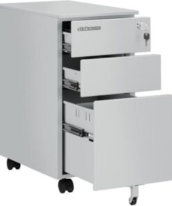Cajonera de 3 cajones de acero con llave para oficina, estudio, dormitorio, mueble portadocumentos con ruedas, mueble con cerradura y barra para archivador y ruedas (gris)