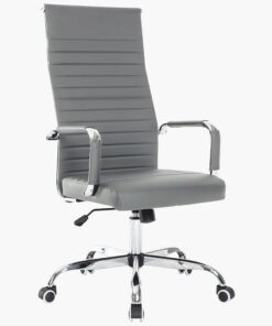 BAKAJI Silla de Oficina de Piel ergonómica con Respaldo Alto y Soporte Lumbar, sillón de Escritorio Giratorio con Altura Ajustable a Gas y Ruedas giratorias a 360°, Base de 64,5 cm cromada (Gris)