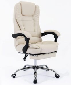 BAKAJI Sillón de Escritorio de Piel sintética con Respaldo reclinable y reposapiés, Base de Acero y 5 Ruedas giratorias a 360 Grados, Silla Presidencial de Oficina con Altura Ajustable (Crema)