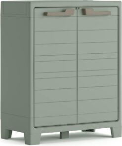 Keter Armario Planet Outdoor Bajo|Almacenaje Interior y Exterior|Resina|Resistente al Agua con 2 Puertas y 2 Baldas Regulables en Altura|Color Verde|80 x 44 x 100 cm