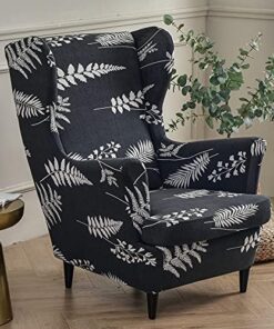 Highdi Funda de Sillón de Orejas Elástica para Strandmon, Funda de Sofá Relax 2 Piezas con Funda de Cojín, Fundas Protector de Butaca para Dormitorio, Recepción, Club (Helecho Negro) | Funda elástica para sillón, con reposabrazos, respaldo alto