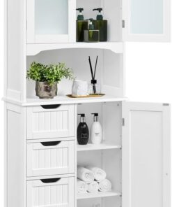Yaheetech Armario de Baño de Almacenamiento Alto Blanca 60×30×165,5 cm | con 4 Cajones Armario con 2 Puertas de Vidrio Estante Ajustable Aparador de Cocina