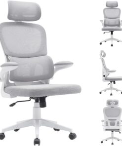BAKAJI Silla de Oficina de Tela ergonómica con Respaldo y Soporte Lumbar y reposacabezas, sillón de Escritorio Giratorio, Altura Ajustable, Revestimiento antisudor Transpirable (Gris Claro)