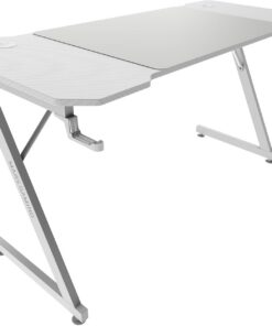 Mars Gaming MGD-X140, Mesa Gaming Ergonómica, Superficie en Fibra de Carbono, Estructura Metálica, Alfombrilla XXL, Soporte Auriculares y Bebida, Gestión Cableado, Escritorio PC 140x60cm, Blanco