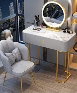 Genérico Tocador con Espejo abatible y Taburete con Ruedas, Luces LED integradas, Gris y Dorado, Moderno Juego de Escritorio con Espejo Iluminado, Taburete Acolchado y tocador de Maquillaje.