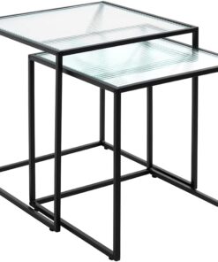 HAKU Juego de 2 mesitas auxiliares de Metal Negro, con Cristal de Seguridad de 5 mm - Dimensiones: An 40/45 x Al 44/49 x Pr 40/45 cm Estilo: Moderno