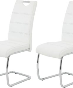 Hela Tische, Flora Set de 2 Sillas Cantilever, Sillas de Cocina de Piel Sintética Blanca, Orificio de Agarre, Estructura de Metal Cromado, 42 X 57 X 98 cm
