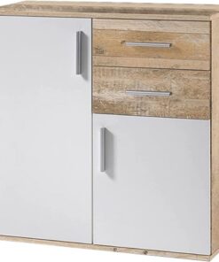 BAKAJI Mueble Aparador con 2 cajones de Doble Puerta y 2 estantes Interiores Mueble Armario Multiusos Cocina baño Oficina diseño Moderno Dimensiones 82 x 35 x 80 cm (Blanco y Roble Efecto Madera)