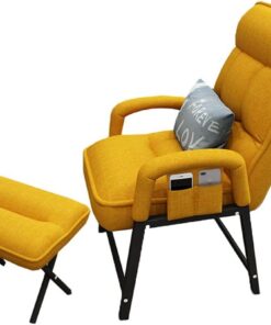 Silla de salón de tela amarilla con sillón reclinable otomano para uso en interiores, respaldo ajustable de 5 velocidades y bolsillo lateral, perfecto para dormitorio y oficina