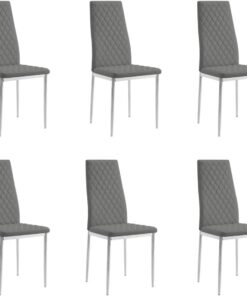 Home Detail Sierra - Juego de 6 sillas de comedor, piel sintética gris, patas plateadas | Para cocinas, patas de metal cromado o negro