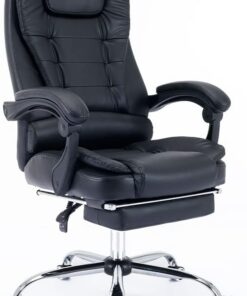 BAKAJI Sillón de Escritorio de Piel sintética con Respaldo reclinable y reposapiés, Base de Acero y 5 Ruedas giratorias a 360 Grados, Silla Presidencial de Oficina con Altura Ajustable (Negro)