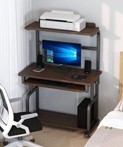 Genérico Escritorio Compacto para computadora con Bandeja para Teclado y Estante para Impresora - Estación de Trabajo Moderna para Espacios reducidos para PC/portátil - Elegante Mesa marrón Oscuro de
