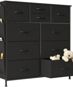 Cómoda de 100 cm de ancho para dormitorio con 10 cajones, organizador de almacenamiento de tela para guardería, sala de estar, armario, color negro