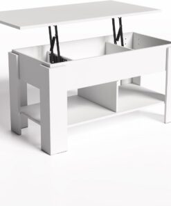 FurnitureR Mesa de Centro con Placa elevadora, Mesa Auxiliar de Altura Ajustable, Mesa de café Extensible con Espacio de Almacenamiento Oculto, de Madera, Color Blanco