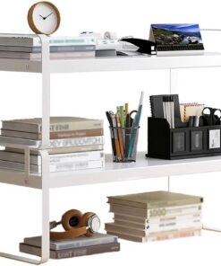 Hggzeg Organizador de Escritorio de 2 Niveles, Madera MDF y Metal, Blanco | Estante de 2 niveles estable y resistente, ideal para organizar libros, papelería, cosméticos, plantas y liberar espacio.