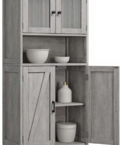 Garvee Muebles de Cocina, Armario de Almacenaje, Armario Aparador, con Puertas de Cristal y Estantes Ajustables, para Salón y Cocina (Gris)