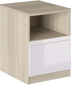 Iconico Home MIK Modern Mesita de Noche con Compartimento y cajón con guías de Ruedas, con asa integrada, Madera de ingeniería, Roble Blanco Brillante, 40x44,5xh53,5 cm
