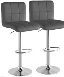 BAKAJI Juego de 2 taburetes Altos para Bar o Cocina, Asiento y Respaldo de Piel sintética, con Base de Metal Cromado con reposapiés, Altura Regulable, diseño Moderno (Gris Oscuro)