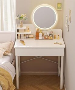 Genérico Tocador con Espejo abatible y Taburete con Ruedas, Luces LED integradas, tocador Moderno Blanco con Espejo y Luces, 3 Modos de iluminación, Elegante Mesa de Maquillaje con cajón.