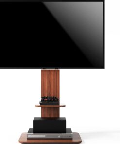 unho Soporte TV Pie de Madera: Mueble de Base de Televisión Suelo Universal de Altura Ajustable con 2 Estantes 32-65 Pulgadas, VESA 400-600 mm, Carga 40 kg