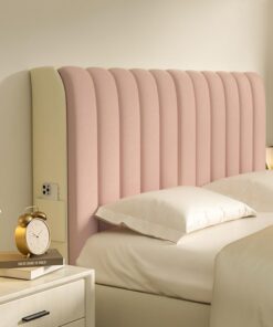 Funda de terciopelo para cabecero de cama con acolchado, universal, protector de tamaño doble King, diseño elástico antiarañazos con bolsillos para marcos de metal/madera, color rosa (150 cm