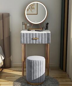 Genérico Tocador con Espejo abatible y Taburete con Ruedas, Luces LED integradas, tocador de Maquillaje Gris Moderno con Espejo y Luces, Elegante tocador con cajones y Taburete