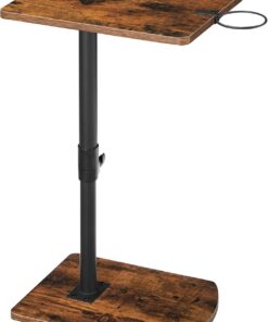 HOOBRO Mesa Auxiliar en Forma de C, Mesa de Sofá Giratoria 360°, Portavasos Extraíble y Ranura para Tableta, Salón, Dormitorio, Marrón Rústico y Negro EBF34SF01