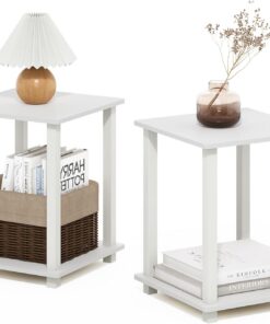 Furinno Simplistic Juego de 2 mesas auxiliares de 2 Niveles, mesita de Noche, mesita de Noche, Montaje fácil, para Sala de Estar, Dormitorio, Blanco