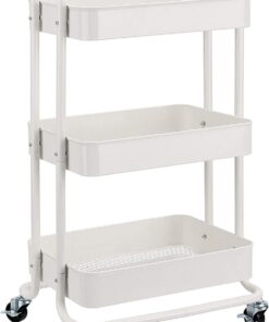 Amazon Basics Carrito de cocina o multiuso de tres niveles con ruedas en blanco