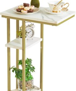 YMYNY Mesa Auxiliar Forma C, Mesa De Sofá, Industrial Diseño, Mesa De Centro Mesita para Ordenador Portátil, Apto para Salón O Dormitorio O Oficina, Imitación de líneas de mármol y Oro HST004W