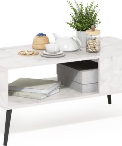 Furinno Claude Mesa de Centro Estilo Mediados de Siglo con Patas de Madera, Blanco Mármol, 50.01 (D) x 100.00 (W) x 45.01 (H) cm