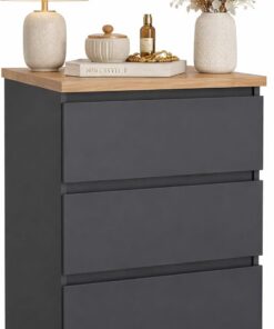 WELL HOME MOBILIARIO & DECORACIÓN Mesita de Noche, Mesa Auxiliar SIL Mat Grey con 3 Cajones, Color Gris Mate y Jackson Hickory, 41 x 50 x 70 cm