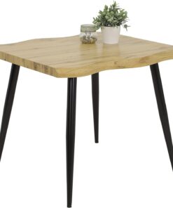 Hela Gabi Mesa de Comedor con Efecto de Borde Natural, Cuadrada, Madera procesada y Tablero Tipo Panel de Abeja, Acabado en Roble Salvaje, Estructura de Tubo Redondo Negro, 90 x 90 cm