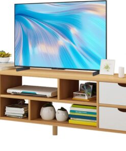 Mueble de TV para TV de 55 pulgadas, mesa consola multimedia de madera con cajones y estantes abiertos, banco de TV, centro de entretenimiento, unidades de TV para sala de estar, armario de consola de