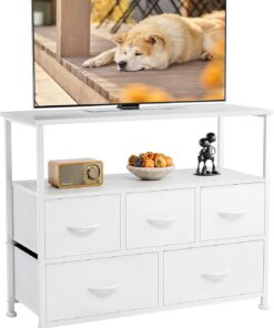 DUMOS Cómoda con cajones – cómoda y aparador para Dormitorio, Armario de Cocina con 5 cajones, Mueble de TV con Marco de Acero Estable, Ideal para Dormitorio, salón (Blanco)