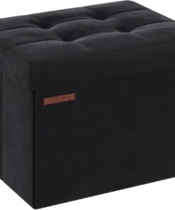 SONGMICS Puff Almacenaje, Banco de Almacenamiento de Terciopelo Plegable, Taburete Reposapiés, 31 x 41 cm, Carga de 130 kg, para Entrada, Sala de Estar, Dormitorio, Negro Tinta LSF200B01