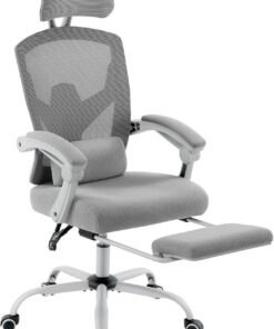 MCQ Office Computer Desk Chair reclinable ergonómica de Oficina con reposapiés, Silla de Escritorio de Malla para computadora con Soporte Lumbar, reposacabezas, Brazos Acolchados, Metal, Gris